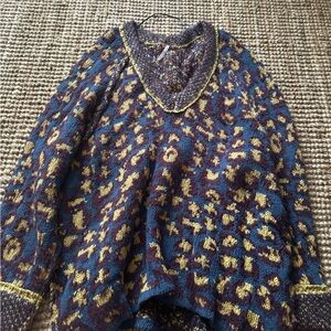 Free People Blue and Brown V-Neck Sweater